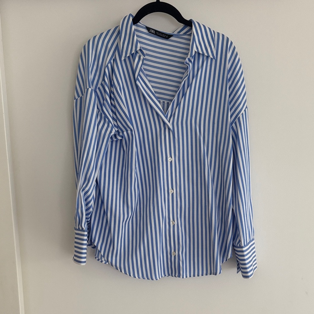 Zara Blue and White Striped Button Down Shirt